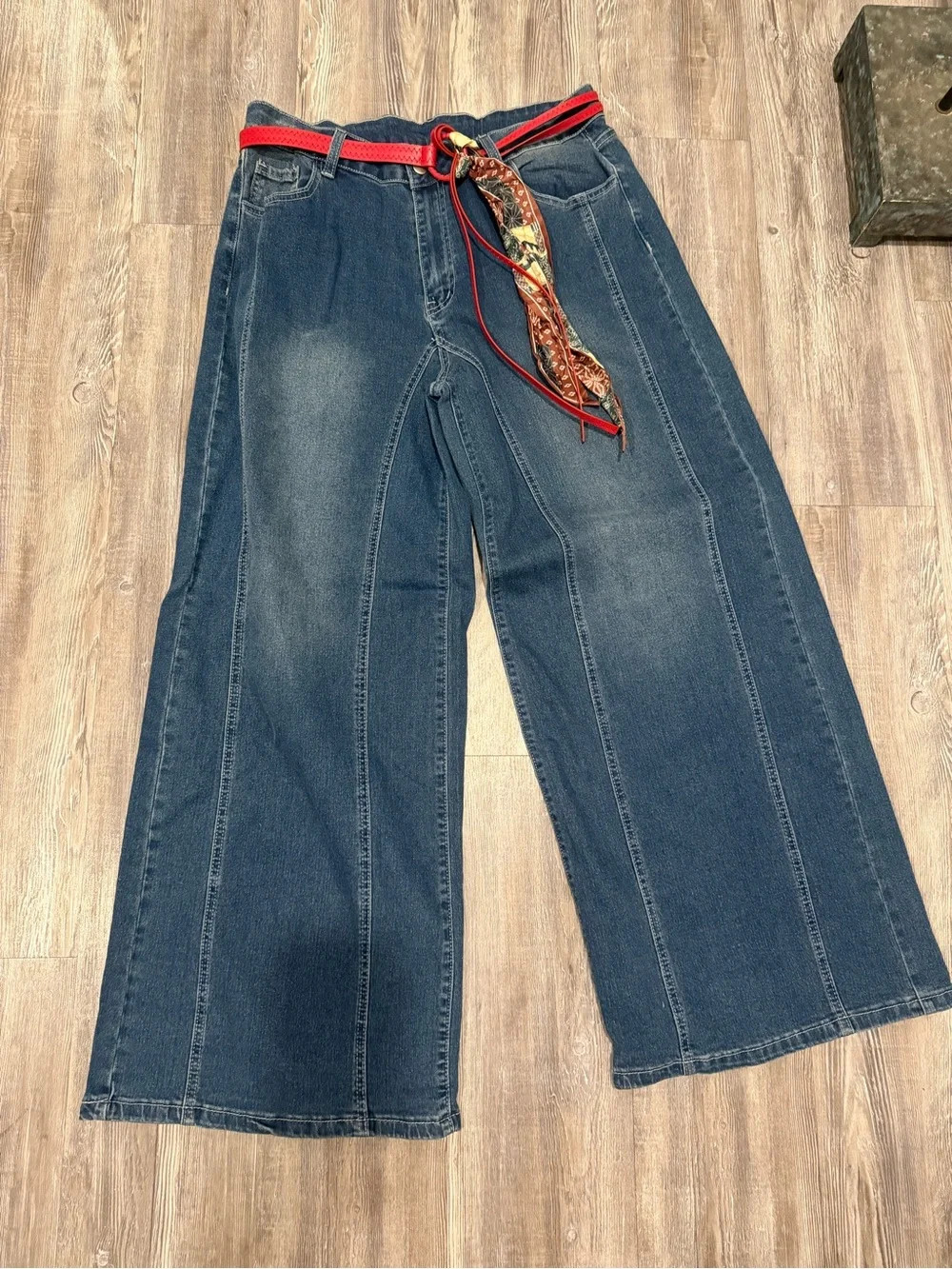 High-Rise Wide Leg Flare Jeans in Medium Blue Denim - Picture 2 of 4